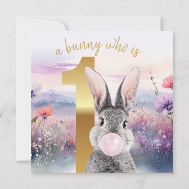 Carte Premier anniversaire de lapin soufflant de gomme r (Devant)