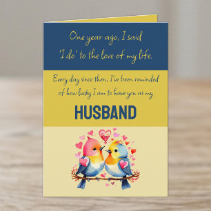 Carte Premier anniversaire de mariage bleu or oiseaux mi