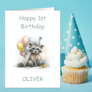 Carte Premier anniversaire de Raton laveur mignon