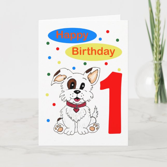 Carte Premier anniversaire d'enfant Chiot mignon et conf (Devant)