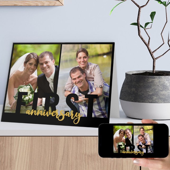 Carte Premier anniversaire du Mariage 2 Photo Gold Scrip (Créateur téléchargé)