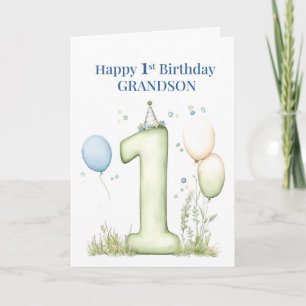 Carte Premier anniversaire du petit-fils Ballon Bleu Num