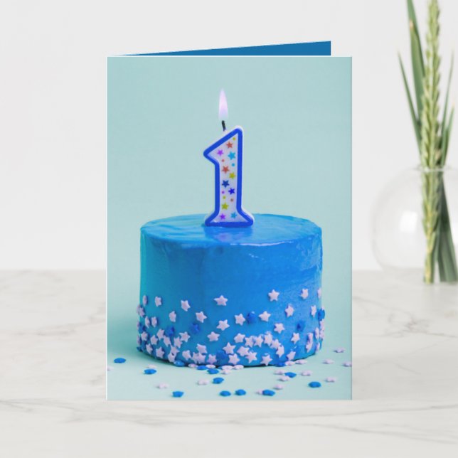 Carte Premier anniversaire gâteau bleu et bougie (Devant)