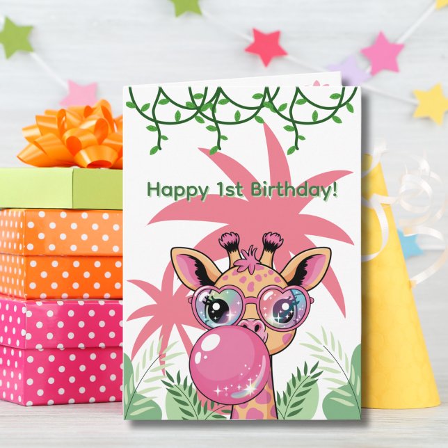 Carte Premier anniversaire Giraffe rose bulle mignonne d (Créateur téléchargé)