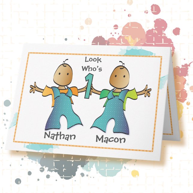 Carte Premier anniversaire Twin Boys Cartoon mignon Ethn (Créateur téléchargé)