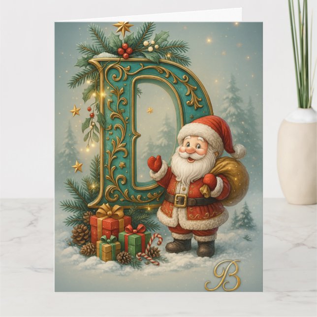 Carte Premier D doré avec Père Noël et Couronne (Devant)