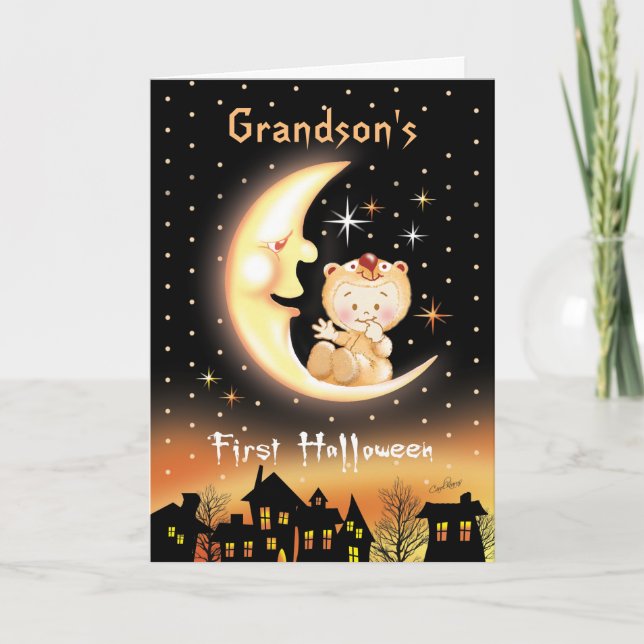 Carte Premier Halloween de petit-fils, bébé de lune (Devant)