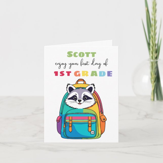 Carte Premier Jour Raton laveur École primaire Fils Fill (Devant)