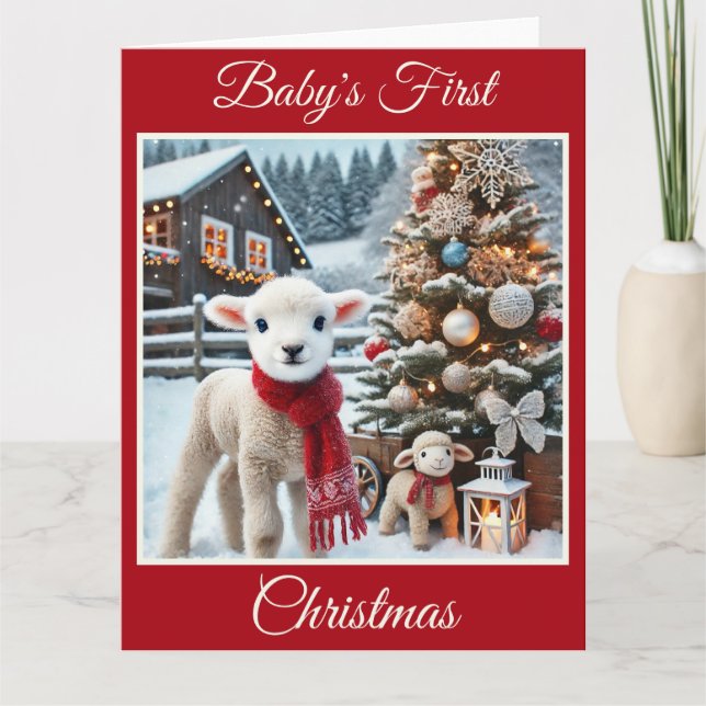 Carte Premier Noël de l'agneau de bébé à la ferme (Devant)