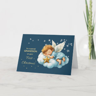 Carte Premier Noël de petit-fils ange endormi sur un nua