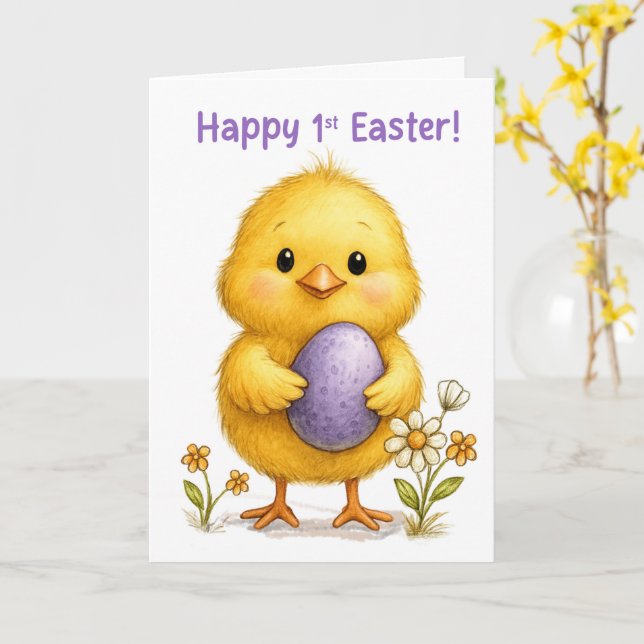 Carte Premier Pâques de Bébé Mignon Poussin avec Oeuf Vi (Fleur jaune)