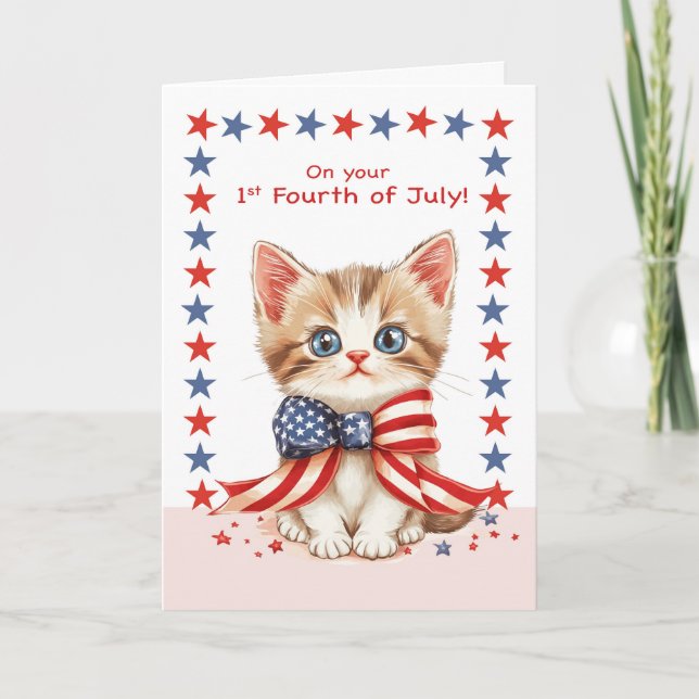 Carte Premier Quart Juillet Cute Chat Avec Bow et Stars (Devant)