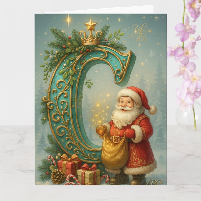Carte Première C dorée avec Père Noël et Couronne (Orchidée)