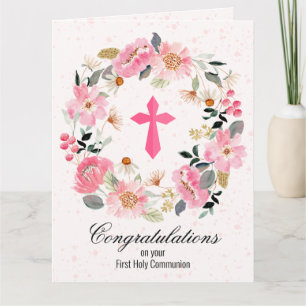 Carte Première communion de germe rose croisée