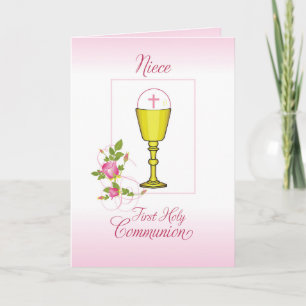 Carte Première communion de la nièce, calice, hostie ros