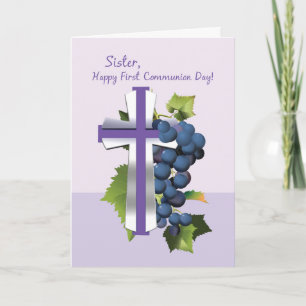 Carte Première communion de sœur, croix violette et arge
