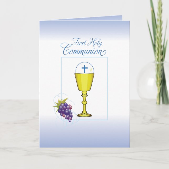 Carte Première communion d'un garçon, calice avec hostie (Devant)