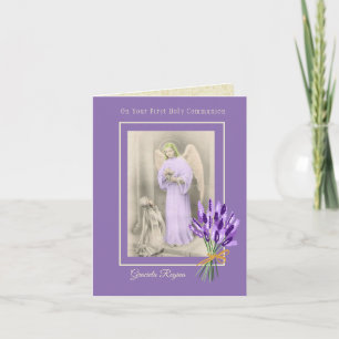 Carte Première communion fille ange fleurs lavande