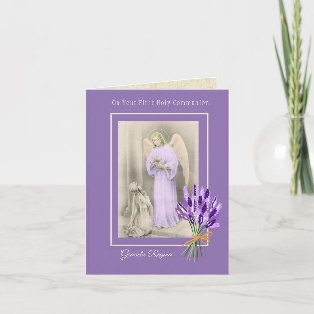 Carte Première communion fille ange fleurs lavande (Devant)