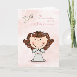 Carte Première communion, fille aux cheveux Brown, félic