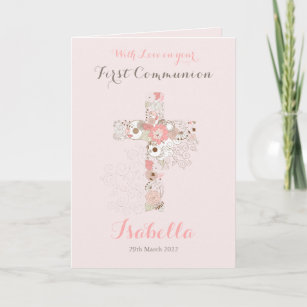 Carte Première communion rose pâle nom croisé