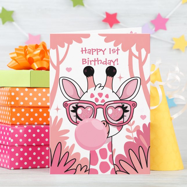 Carte Première girafe anniversaire bulle rose mignonne d (Créateur téléchargé)