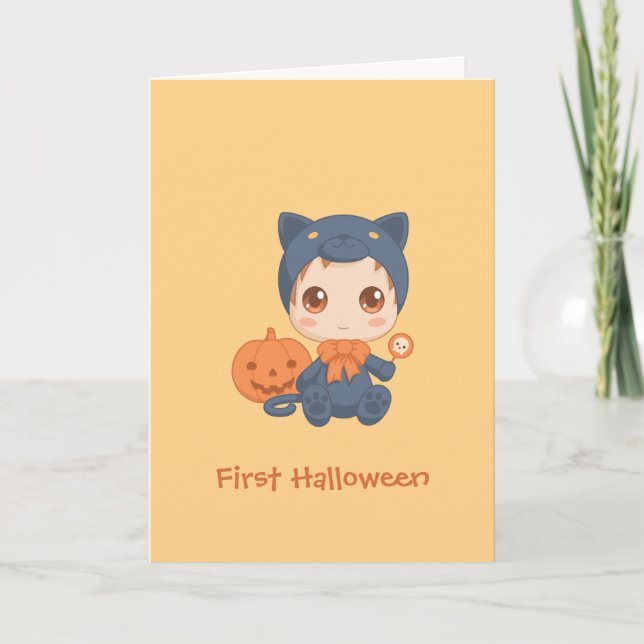 Carte Première Halloween mignonne bébé noir costume de c (Devant)
