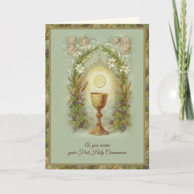 Carte Première Sainte Communion Catholique Élégante Priè (Devant)