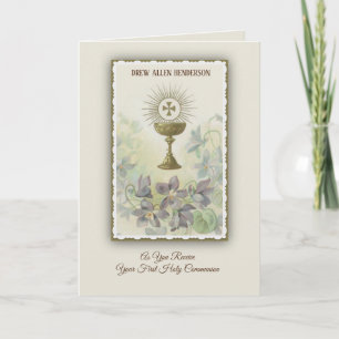 Carte Première Sainte Communion Chalice Fleurs hôtes