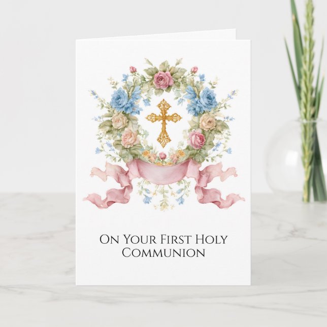 Carte Première Sainte Communion Couronne Florale Rose Bl (Devant)