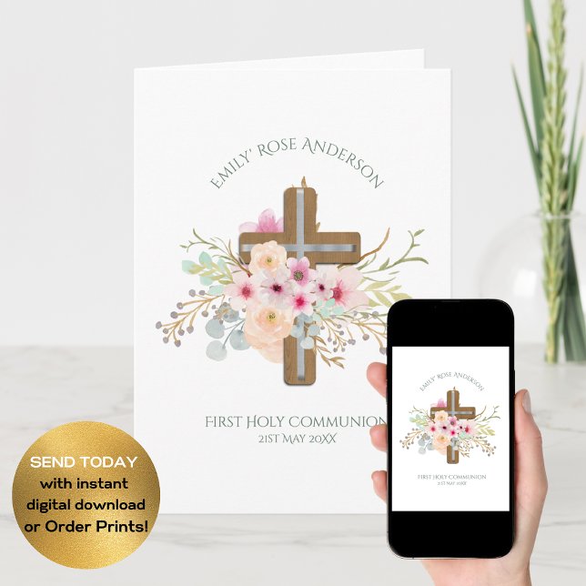 Carte Première Sainte Communion Fleurs en Croix Personna (Créateur téléchargé)