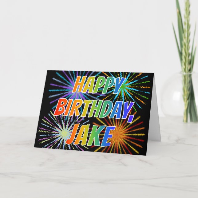 Carte Prénom "JAKE" Fun "HEUREUX ANNIVERSAIRE" (Devant)