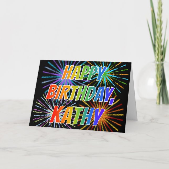 Carte Prénom "KATHY" Fun "HEUREUX ANNIVERSAIRE" (Devant)