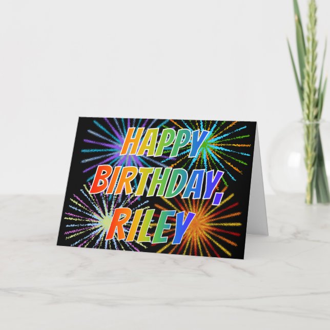 Carte Prénom "RILEY" Fun "HEUREUX ANNIVERSAIRE" (Devant)