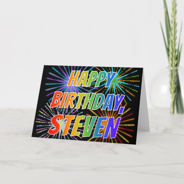 Carte Prénom "STEVEN" Fun "HEUREUX ANNIVERSAIRE" (Devant)