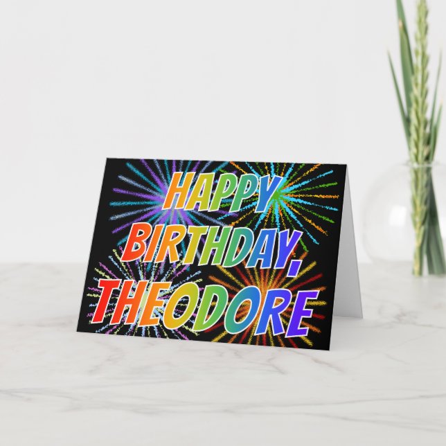 Carte Prénom "THEODORE" Fun "HEUREUX ANNIVERSAIRE" (Devant)
