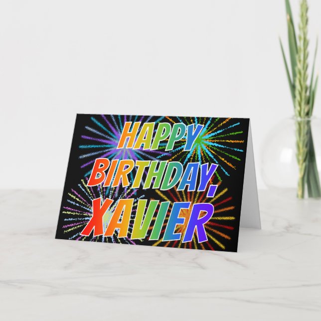 Carte Prénom "XAVIER" Fun "HEUREUX ANNIVERSAIRE" (Devant)