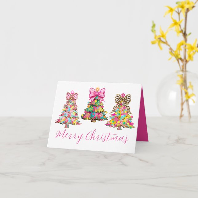 Carte Preppy Pink and Green Christmas Trees (Fleur jaune)