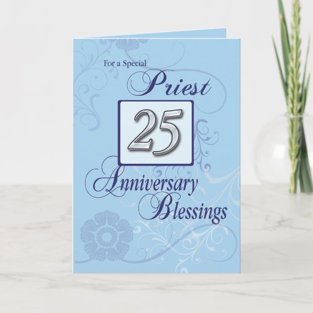 Carte Prêtre 25e anniversaire d'ordination Bleu, Argent (Devant)