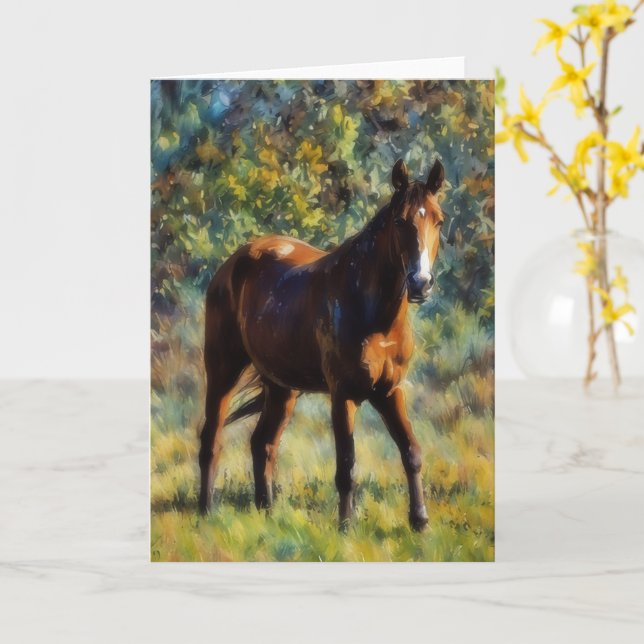Carte Pretty Horse in Pasture Peaceful Art Card (Fleur jaune)