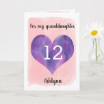 Carte Pretty Pink and Purple 12th Birthday Granddaughter<br><div class="desc">A personalized pink and purple 12th birthday card for granddaughter that features water color heart against pink water color. You can personalize the heart with the age you need and add her name underneath the heart. The inside message can be easily edited if wanted. The back of the card says...</div>