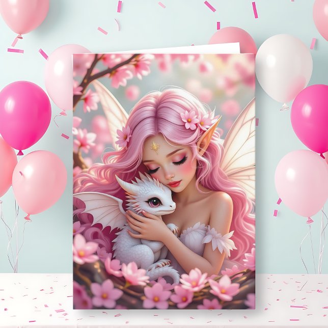 Carte Pretty Pink Elven Fairy & Dragon | Happy Birthday (Créateur téléchargé)