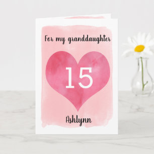 Carte Pretty Pink Heart 15th Birthday Granddaughter