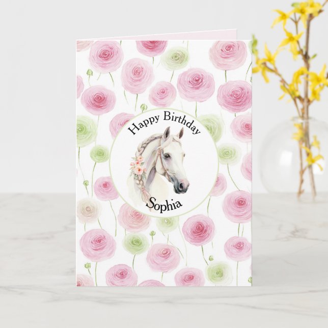 Carte Pretty Pink Mint Ranunculus Horse Birthday (Fleur jaune)