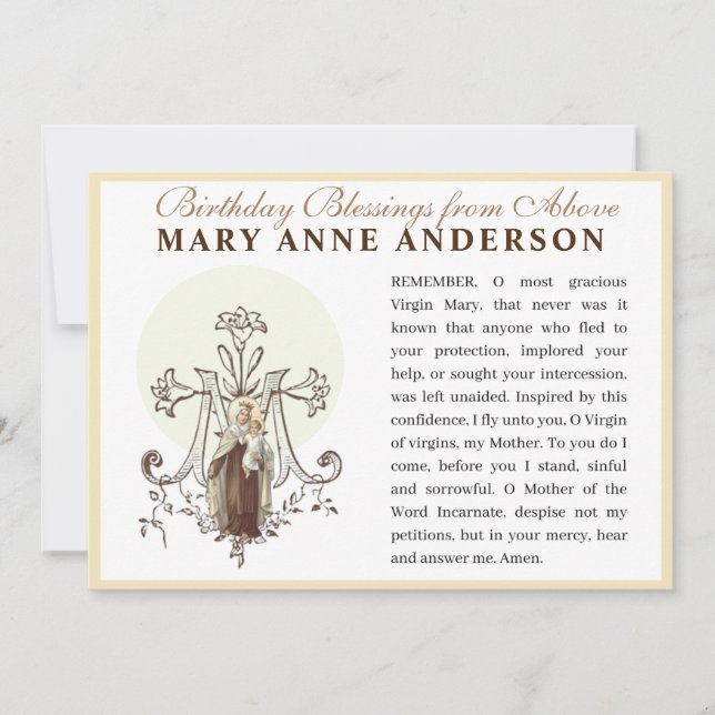 Carte Prière Memorare de la Vierge Marie Mt. Carmel (Devant)