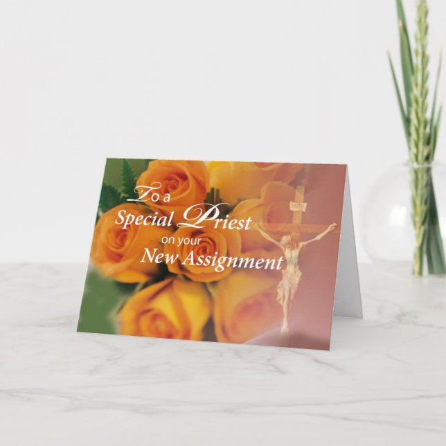 Carte Prière Nouvelle affectation Croix Roses Jaunes (Devant)