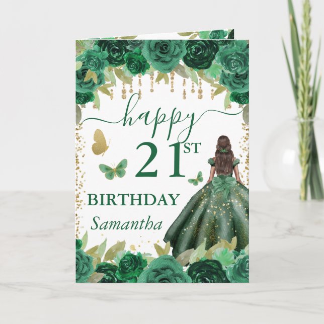 Carte Princesse à peau foncée en robe verte Anniversaire (Devant)