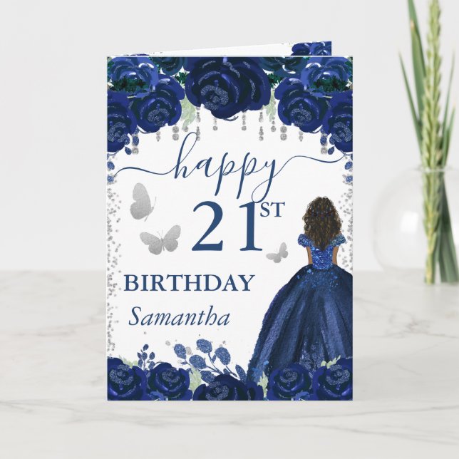 Carte Princesse à peau foncée robe bleu marine anniversa (Devant)
