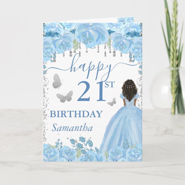 Carte Princesse à peau foncée robe bleue anniversaire (Devant)