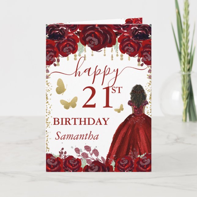 Carte Princesse à peau foncée Robe rouge Anniversaire (Devant)